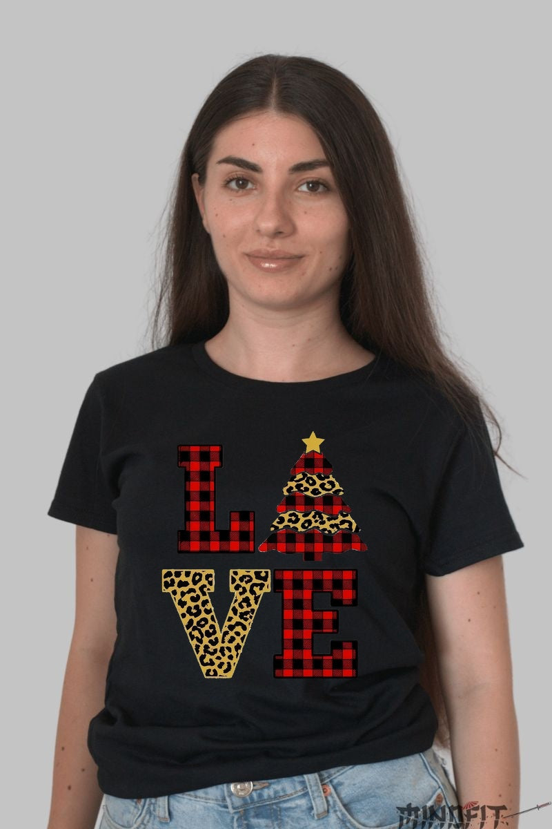 Tricou De Craciun - LOVE Cu Brad In Stil Animal Print dama negru
