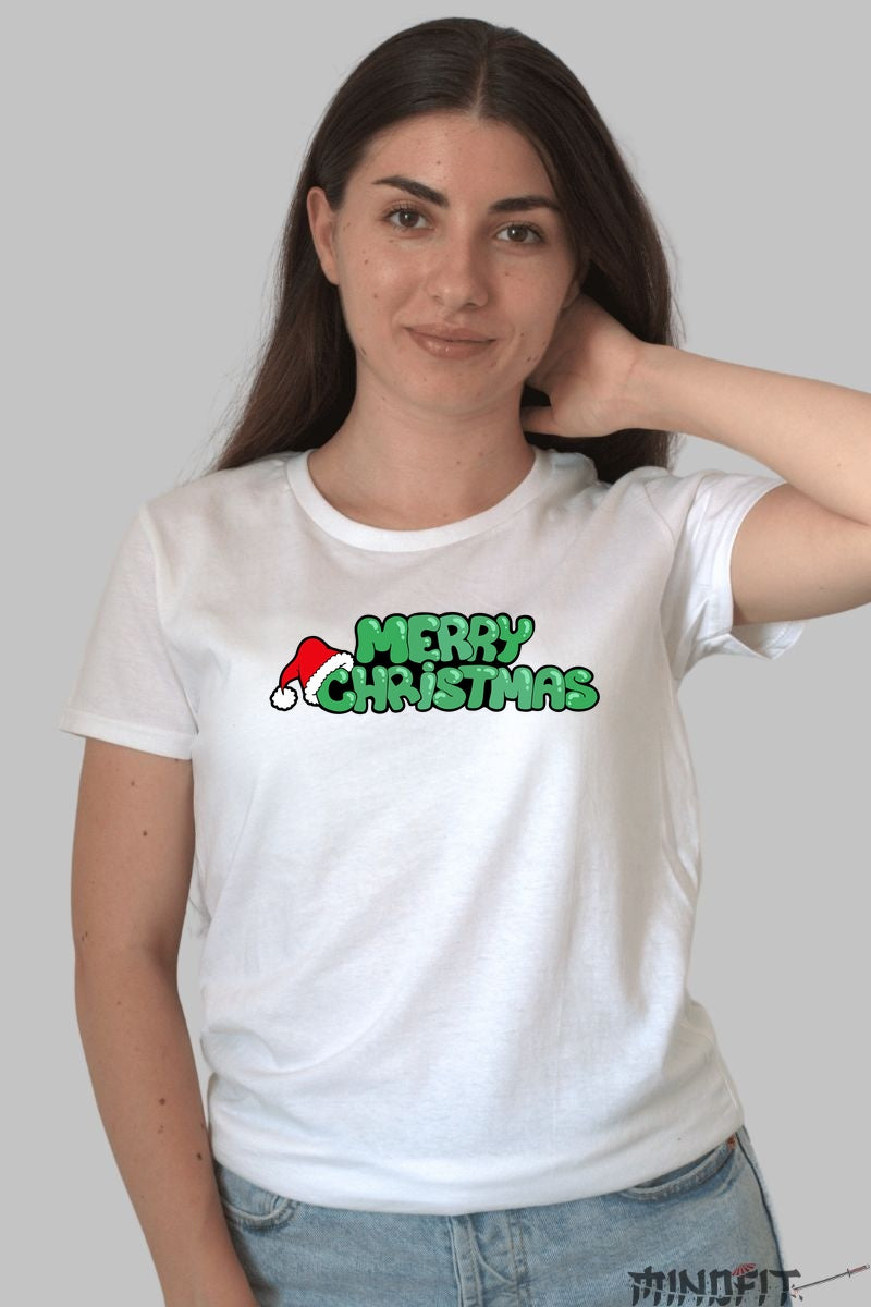 Tricou De Craciun - Merry Christmas Cu Caciula Mosului dama alb
