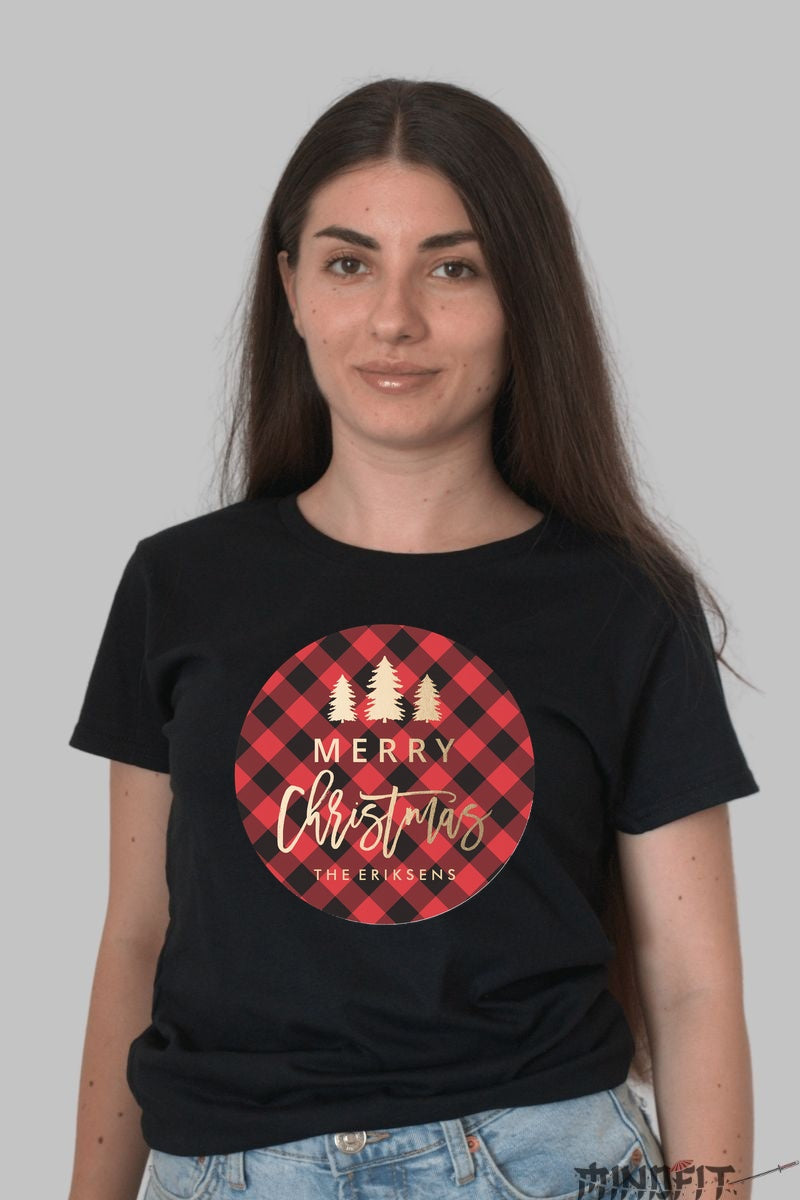 Tricou De Craciun - Merry Christmas Cu Padure Festiva dama negru