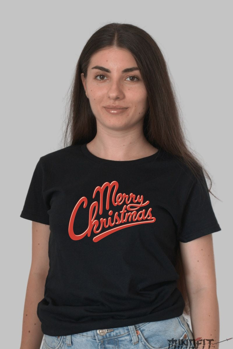 Tricou De Craciun - Merry Christmas Stil Retro dama negru