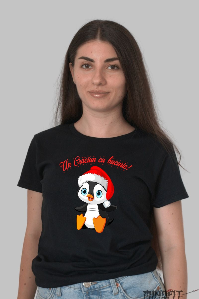 Tricou De Craciun - Pinguin Cu Caciula Magica dama negru