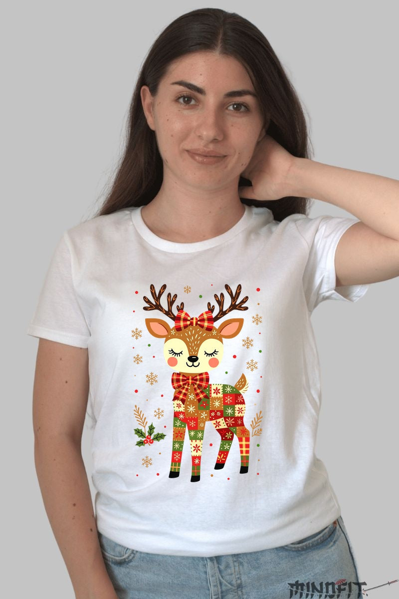 Tricou De Craciun - Ren Cu Fundita Rosie dama alb