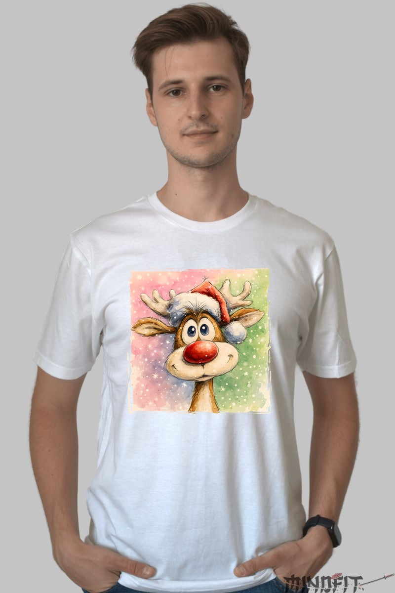 Tricou De Craciun - Renul Haios Cu Caciula barbat alb