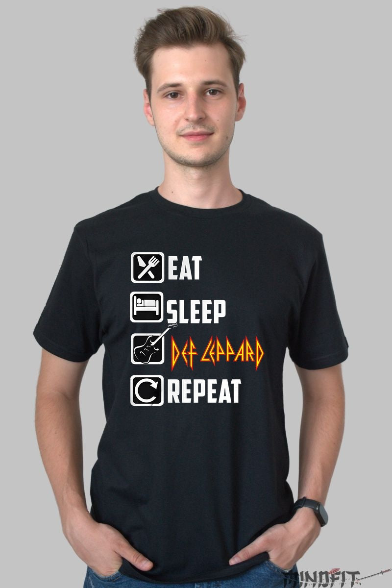 Tricou Def Leppard - Eat Sleep Rock Repeat barbat negru