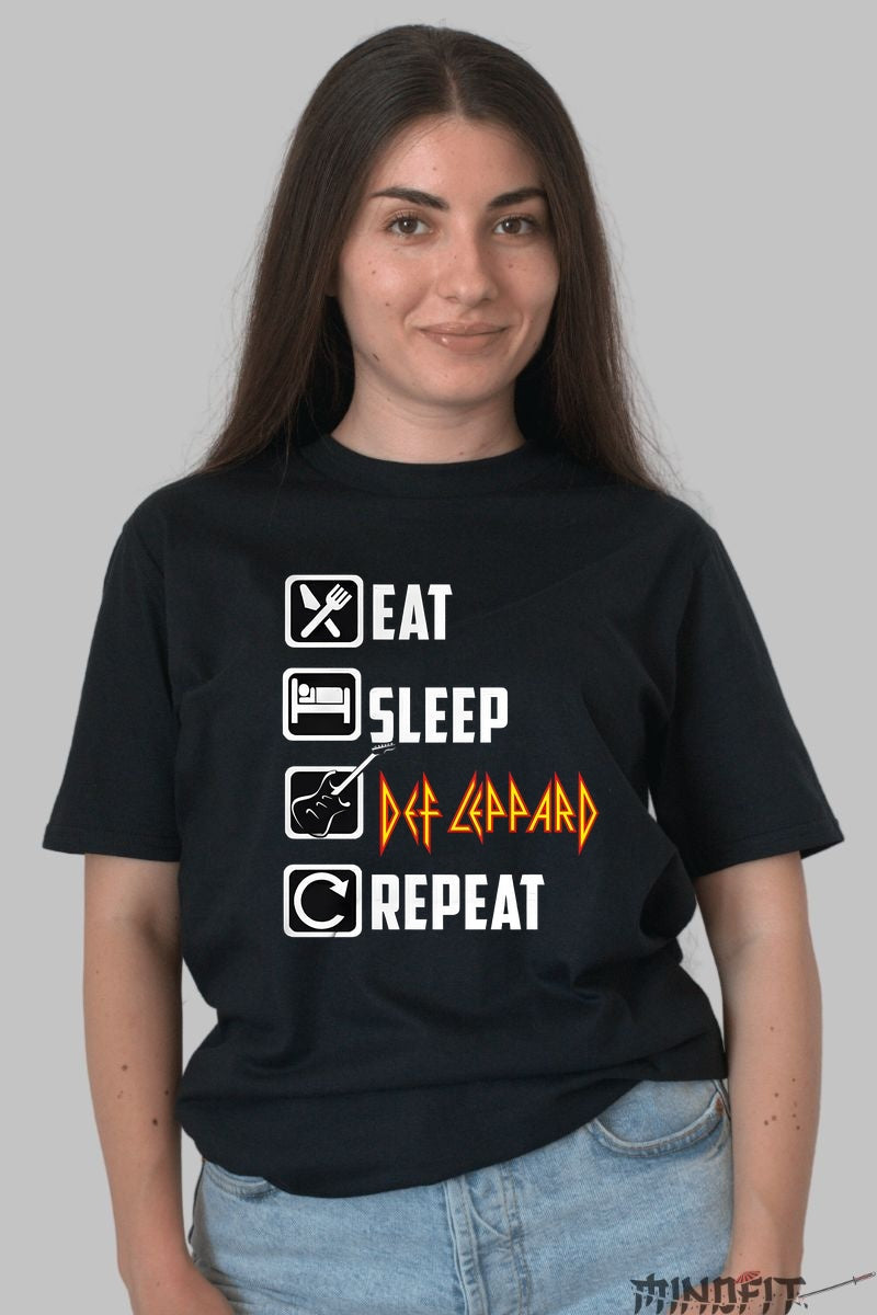Tricou Def Leppard - Eat Sleep Rock Repeat dama negru