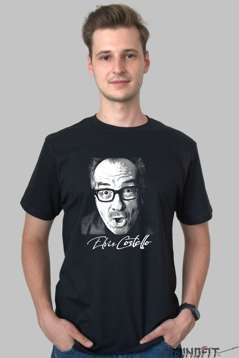 Tricou Elvis Costello - Portret Iconic Alb-Negru barbat negru