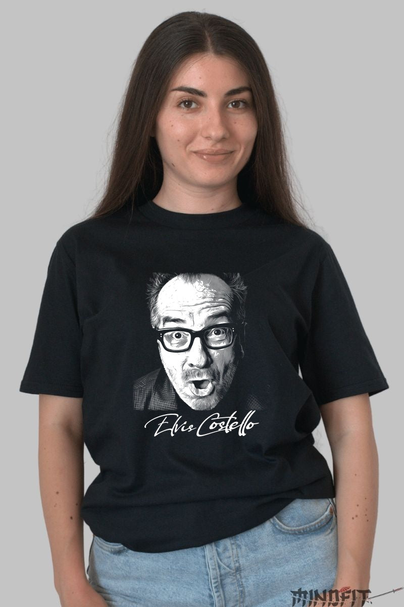 Tricou Elvis Costello - Portret Iconic Alb-Negru dama negru