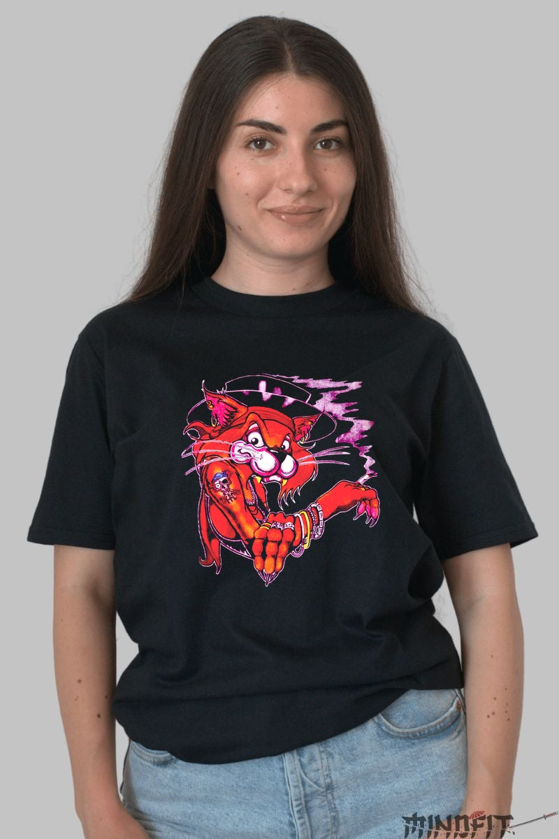 Tricou Gangsta Cat - Atitudine Urbana Vintage dama negru
