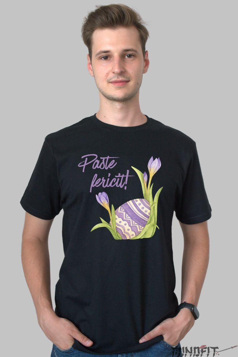 Tricou Paste Fericit - Cu Ou Si Branduse Mov Barbat Negru