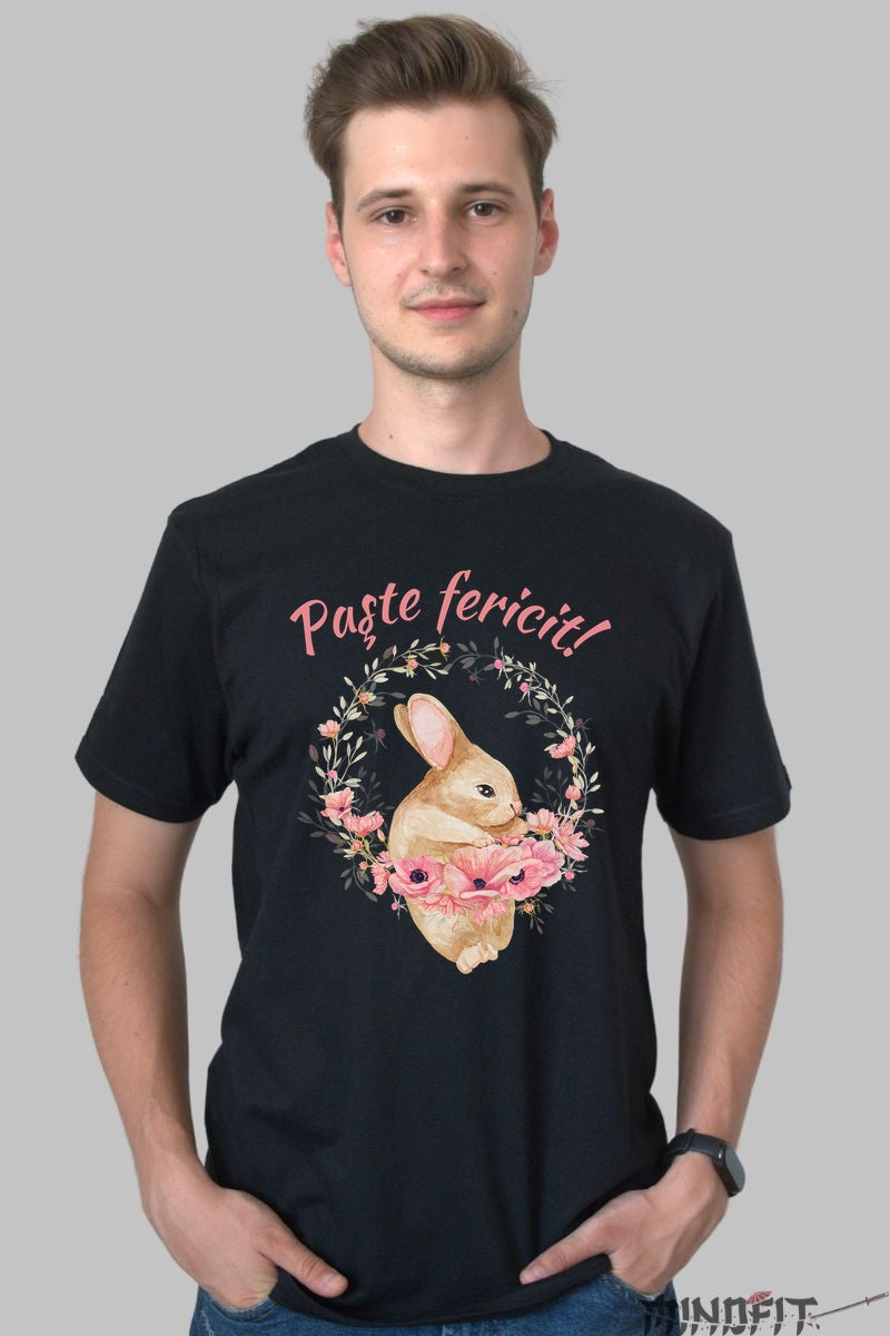 Tricou Paste Fericit - Iepuras Dragalas Si O Coronita Cu Flori Barbat Negru