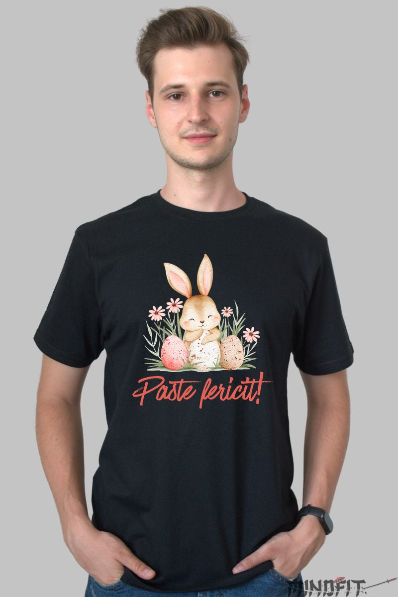 Tricou Paste Fericit - Iepuras Intre Oua Si Flori Barbat Negru