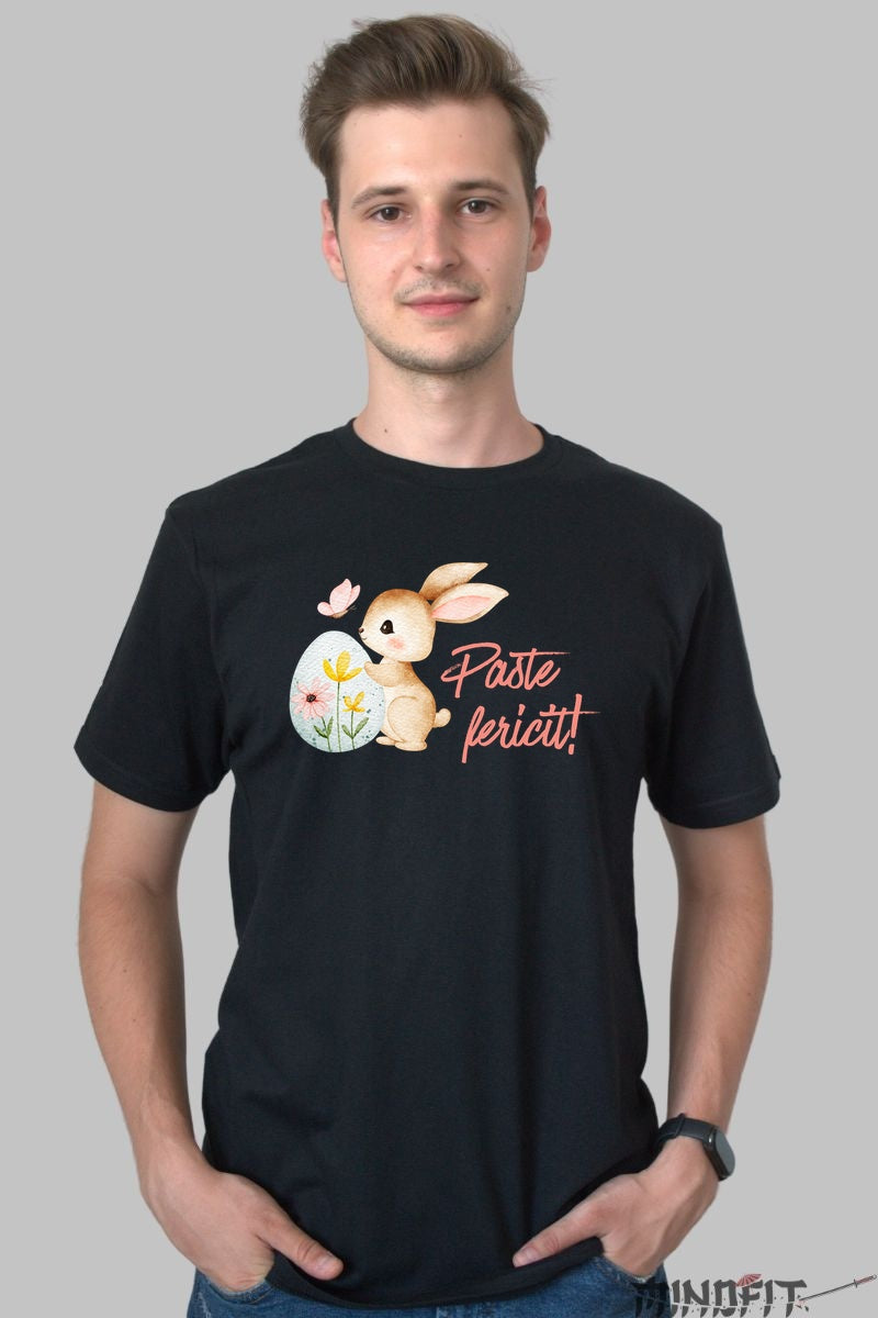 Tricou Paste Fericit - Iepuras Jucaus Cu Ou Si Fluture Barbat Negru