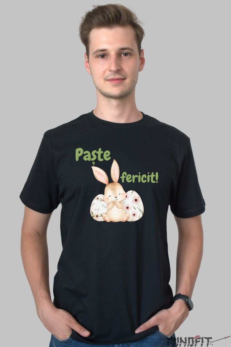 Tricou Paste Fericit - Iepuras Rezemat De Ouale Cu Flori Barbat Negru