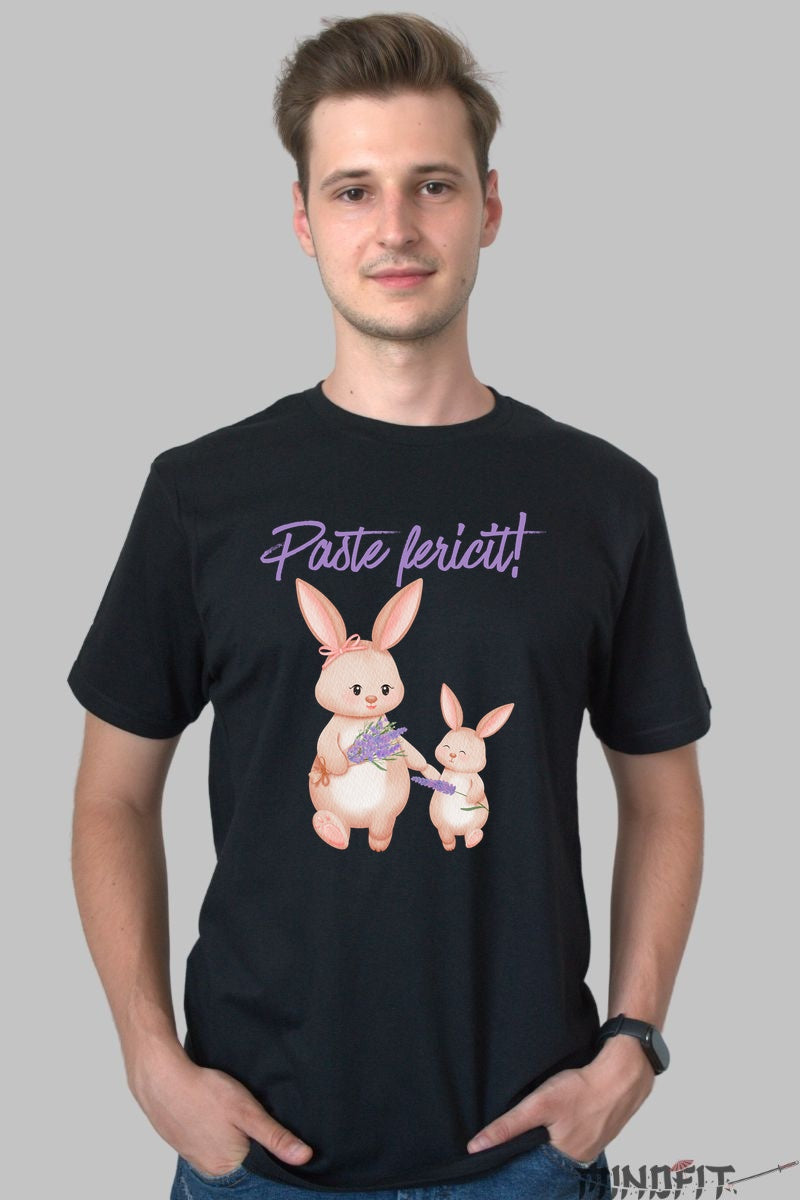Tricou Paste Fericit - Iepurasi Cu Lavanda Barbat Negru