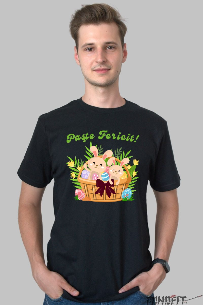 Tricou Paste Fericit - Iepuras In Cosulet Cu Fundita Barbat Negru