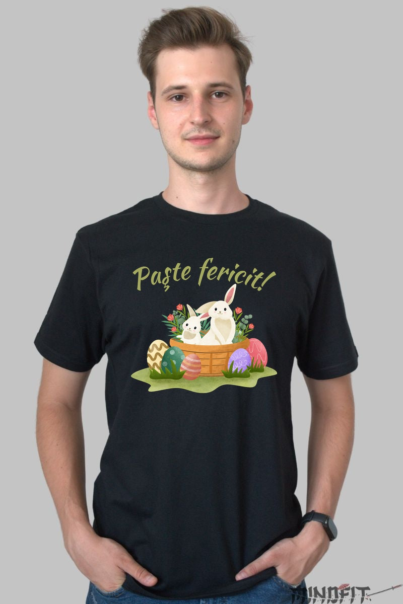 Tricou Paste Fericit - Iepurasi In Cosulet Cu Oua Colorate Barbat Negru