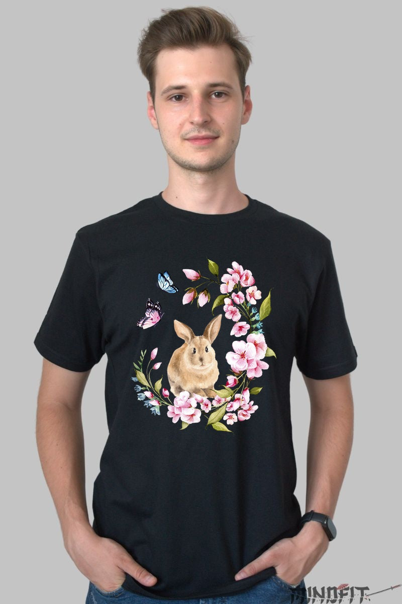 Tricou Primavara Fericita - Iepuras intre Flori si Fluturi Barbat Negru