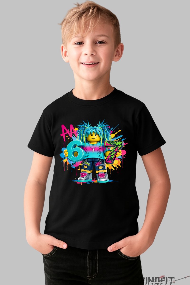 Tricou Roblox Six Seven - Design Colorat Vesel baiat negru