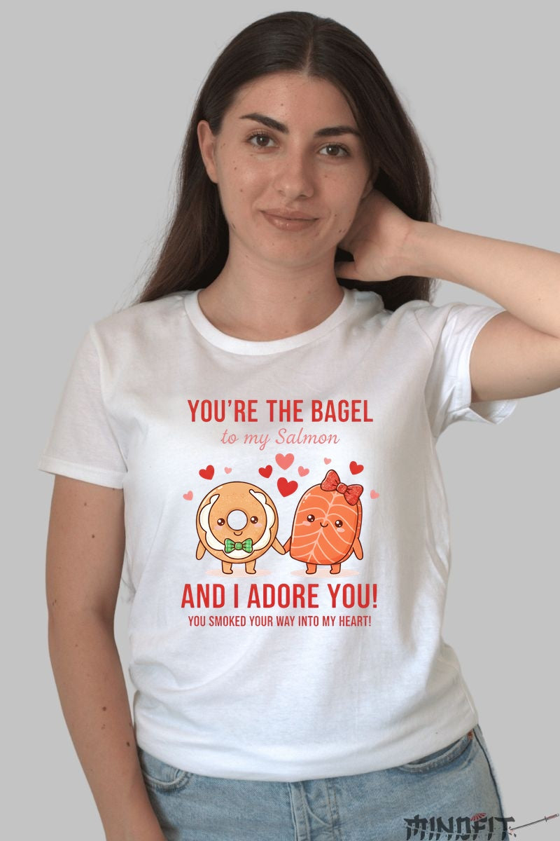 Tricou Valentine's Day Cuplu - You-re The Bagel To My Salmon dama alb
