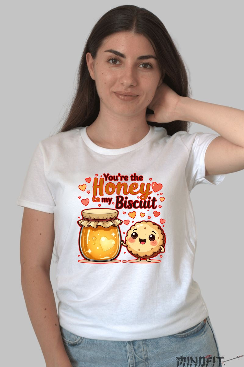 Tricou Valentine's Day Cuplu - You-re The Honey To My Biscuit dama alb