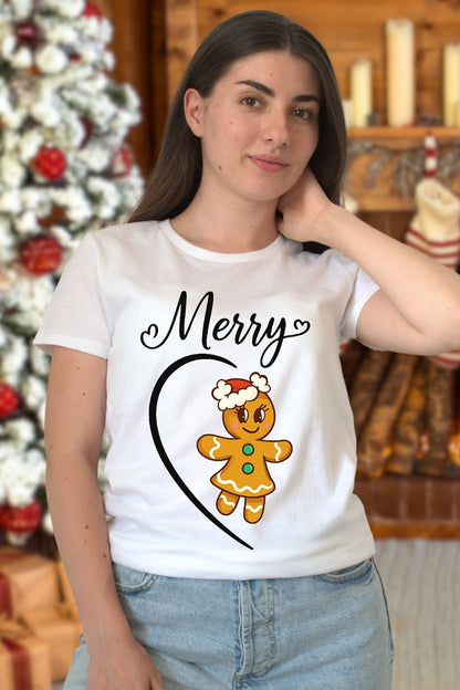 Set Tricouri Cuplu Gingerbread Merry Christmas dama alb