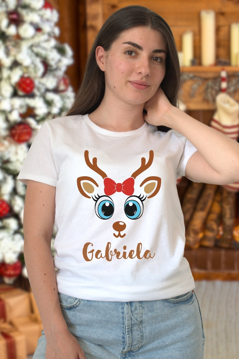 Set Tricouri Cuplu Reni Cute Personalizati dama alb