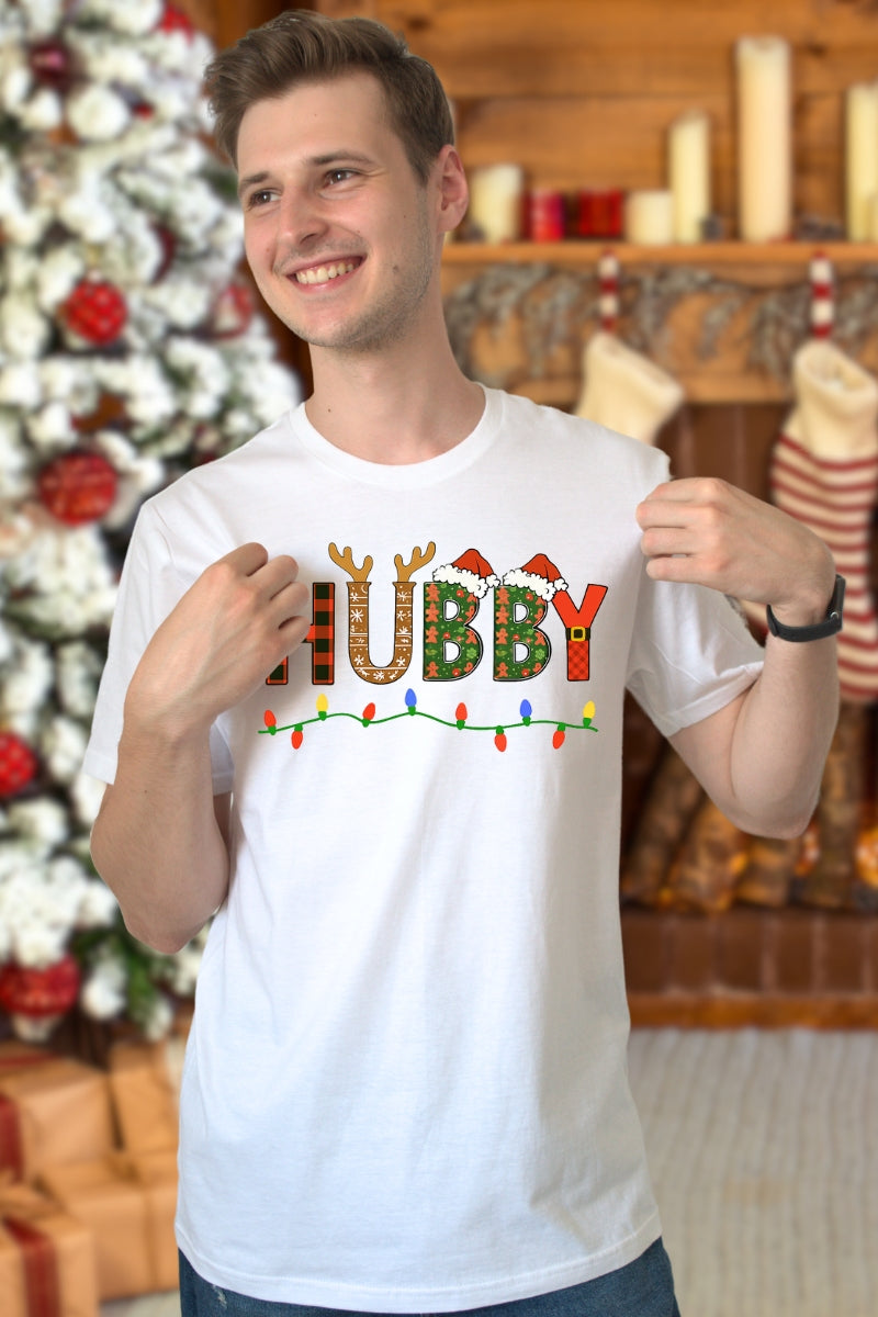 Set Tricouri Cuplu Wifey Hubby Lights barbat alb