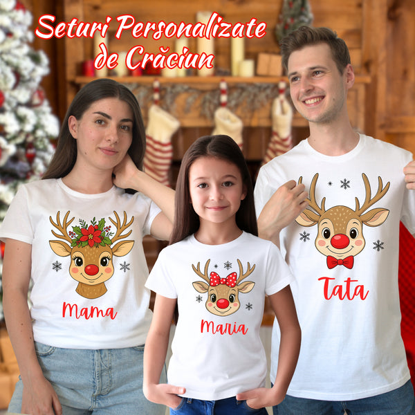 Set Tricouri De Craciun Cu Reni Pentru Familie In 3 - Personalizat Cu Nume