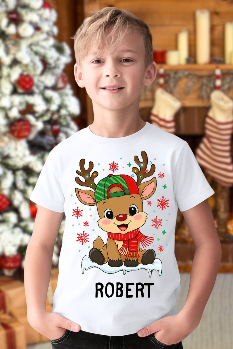 Set Tricouri De Craciun Pentru Familie Cu Reni Fericiti Personalizat Cu Nume baiat