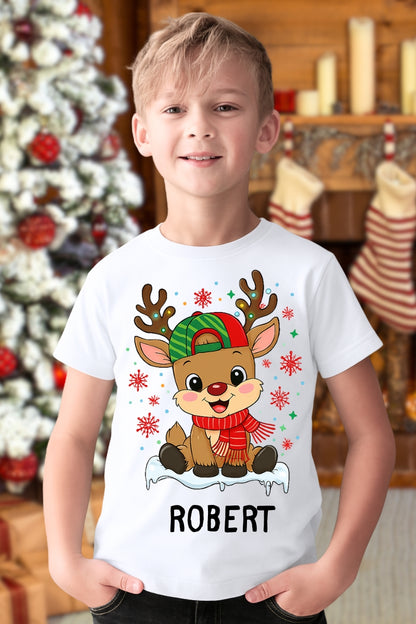 Set Tricouri De Craciun Pentru Familie Cu Reni Fericiti Personalizat Cu Nume baiat