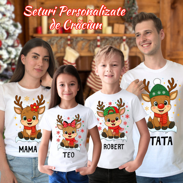 Set Tricouri De Craciun Pentru Familie Cu Reni Fericiti - Personalizat Cu Nume