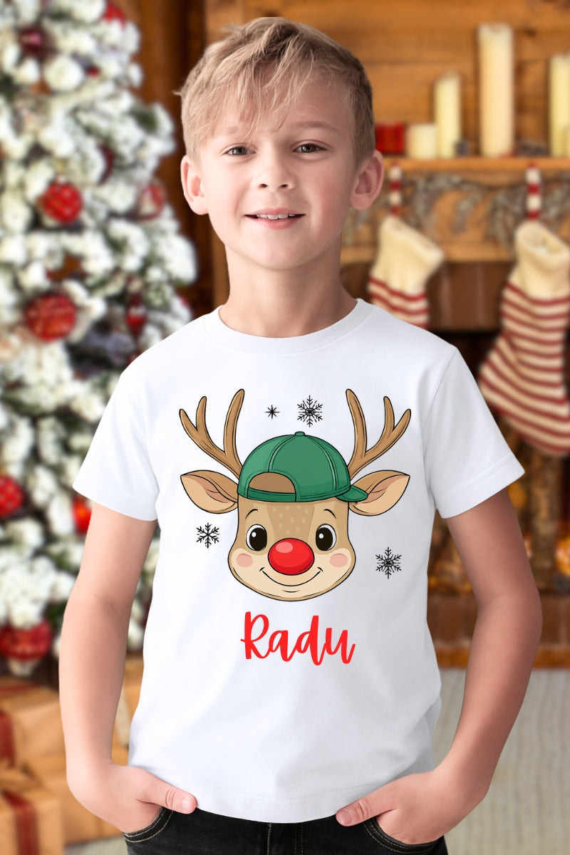 Set Tricouri De Craciun Pentru Familie Cu Reni Personalizat Cu Nume baiat