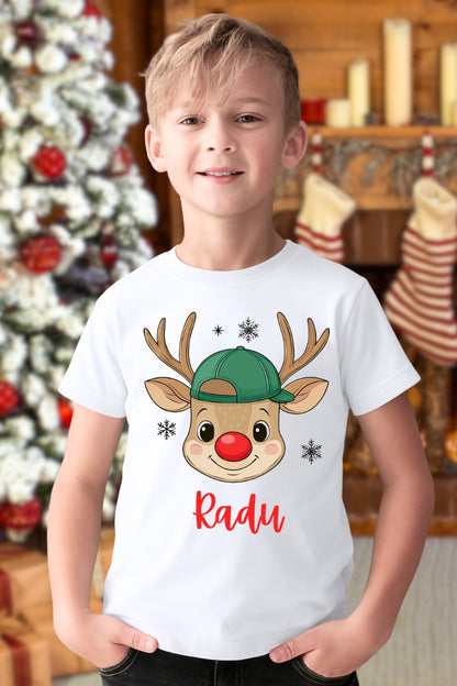 Set Tricouri De Craciun Pentru Familie Cu Reni Personalizat Cu Nume baiat