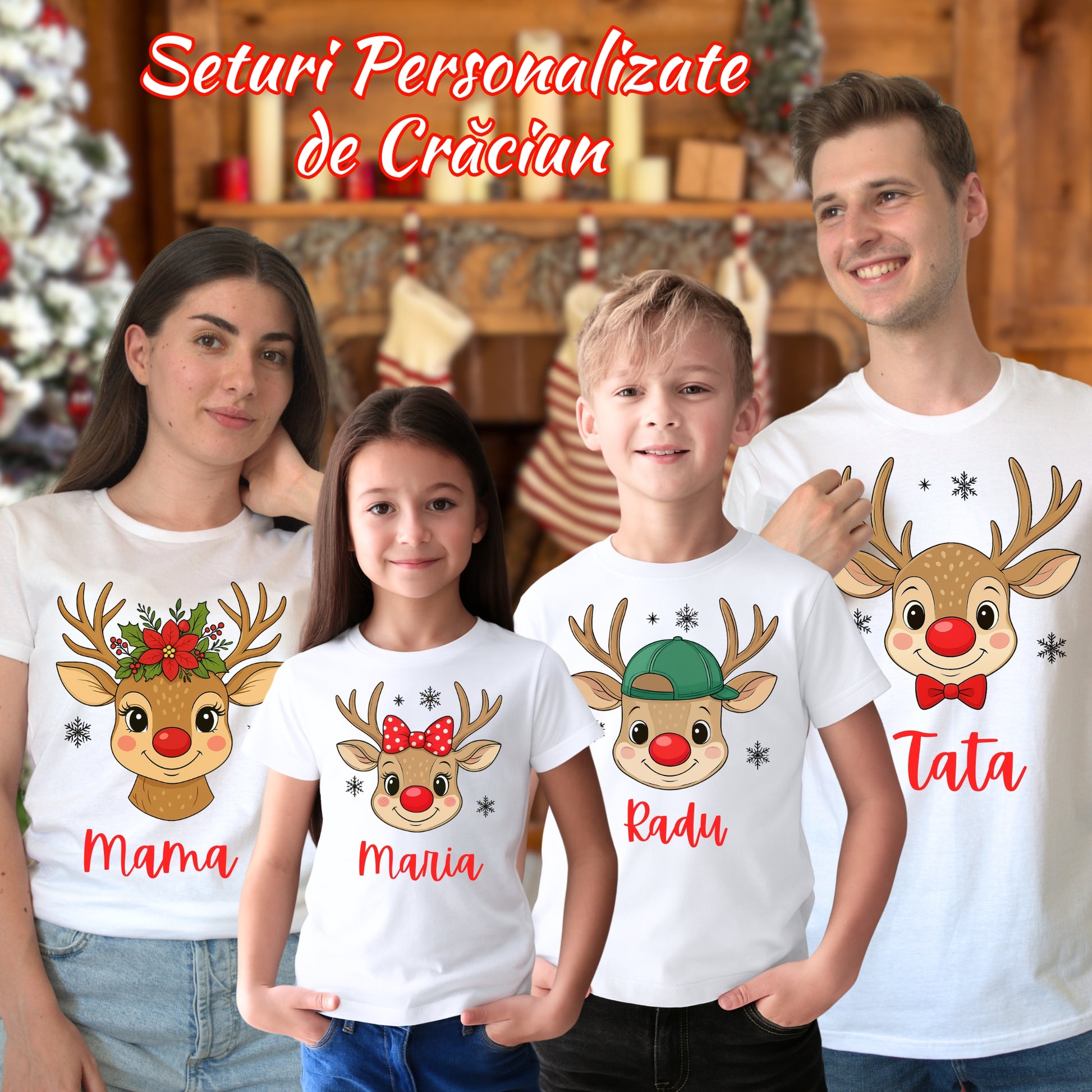 Set Tricouri De Craciun Pentru Familie Cu Reni Personalizat Cu Nume familie