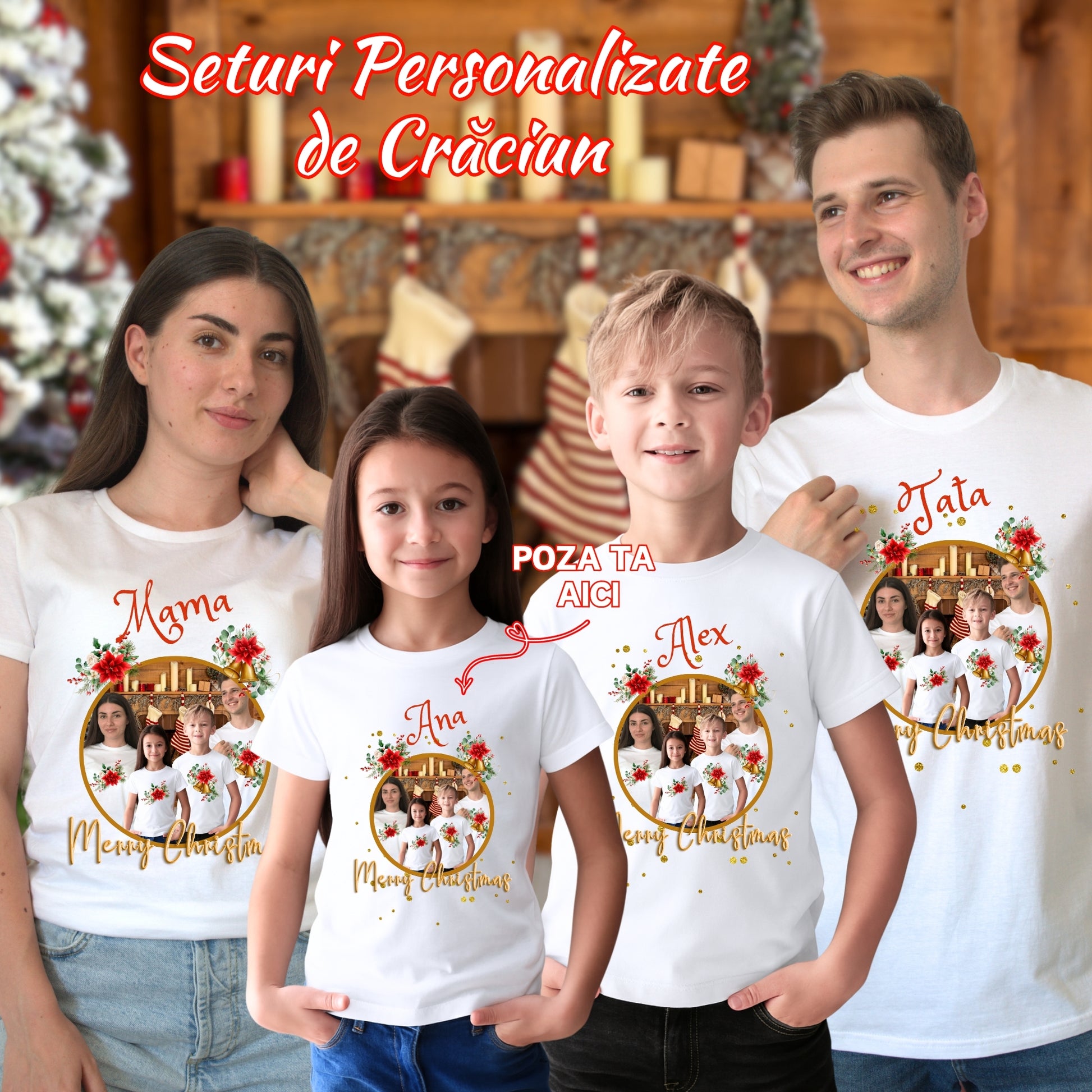 Set Tricouri De Craciun Pentru Familie Personalizat Cu Poza Si Numele Tau familie