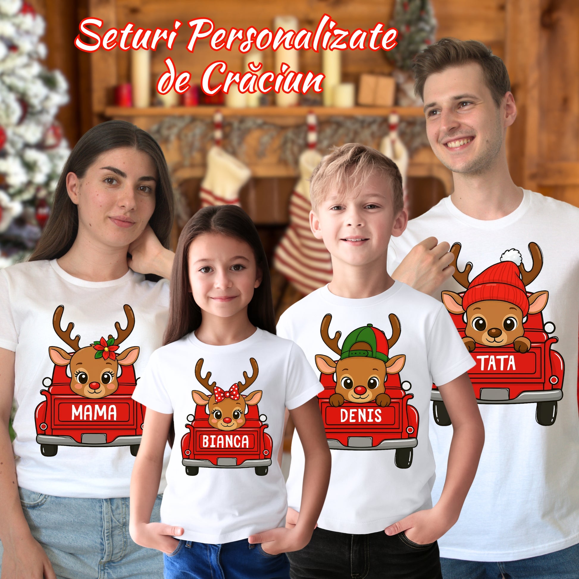 Set Tricouri Pentru Familie De Craciun Cu Masini Personalizat Cu Nume familie