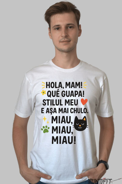 Tricou Amuzant cu Mesaj Hola Mami barbat alb fata