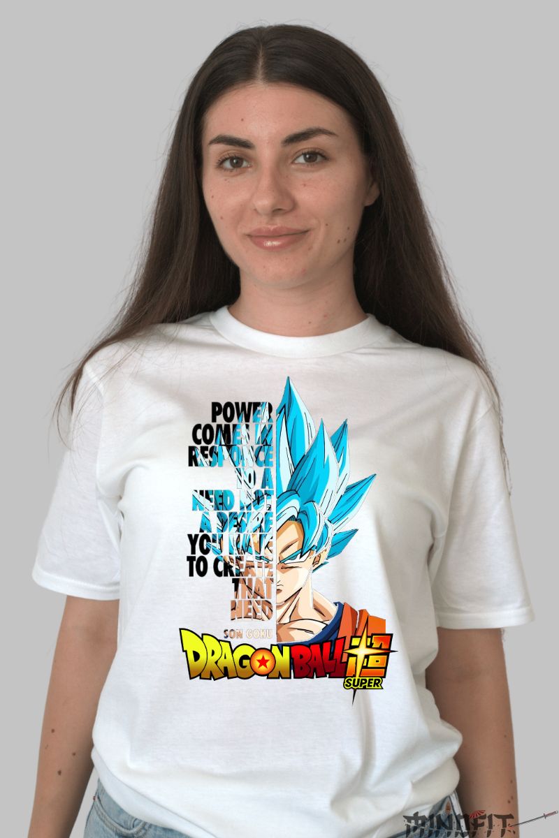 Tricou Anime Dragon Ball Son Goku Power Comes dama alb fata