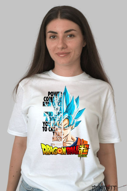 Tricou Anime Dragon Ball Son Goku Power Comes dama alb fata