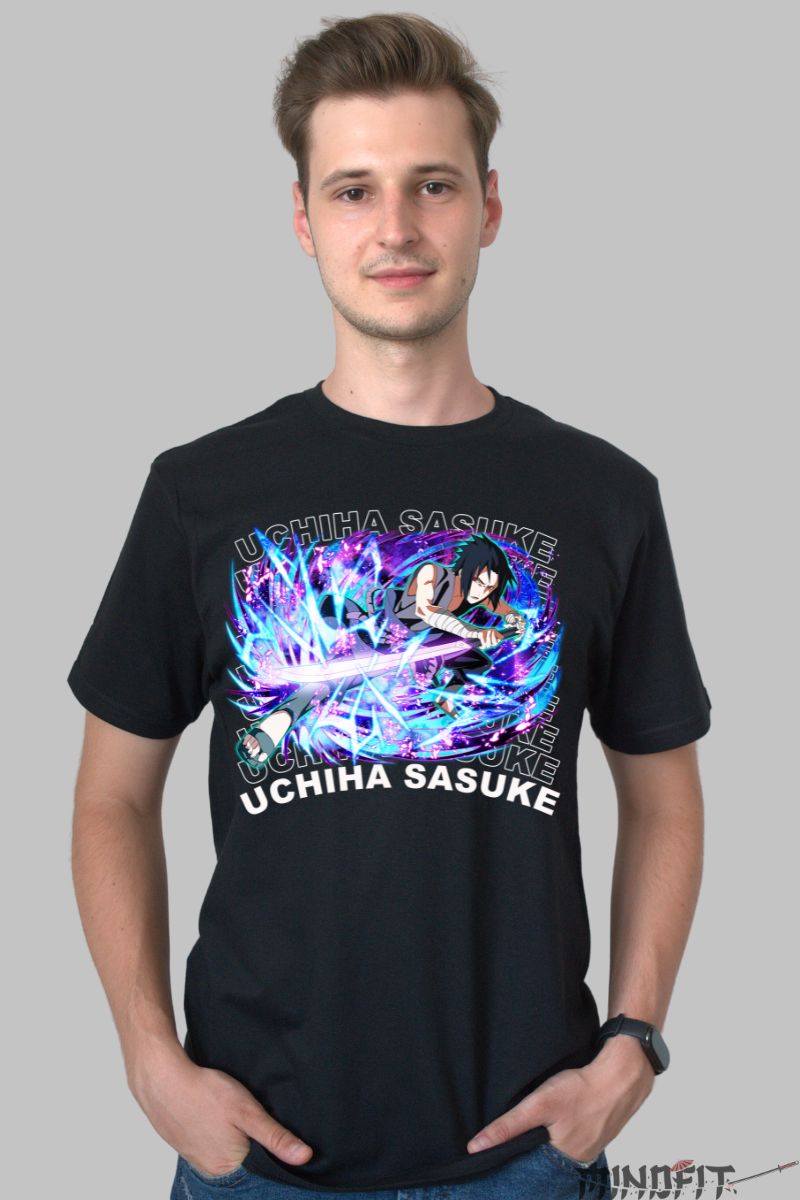 Tricou Anime Naruto Sasuke Color And Power barbat negru fata
