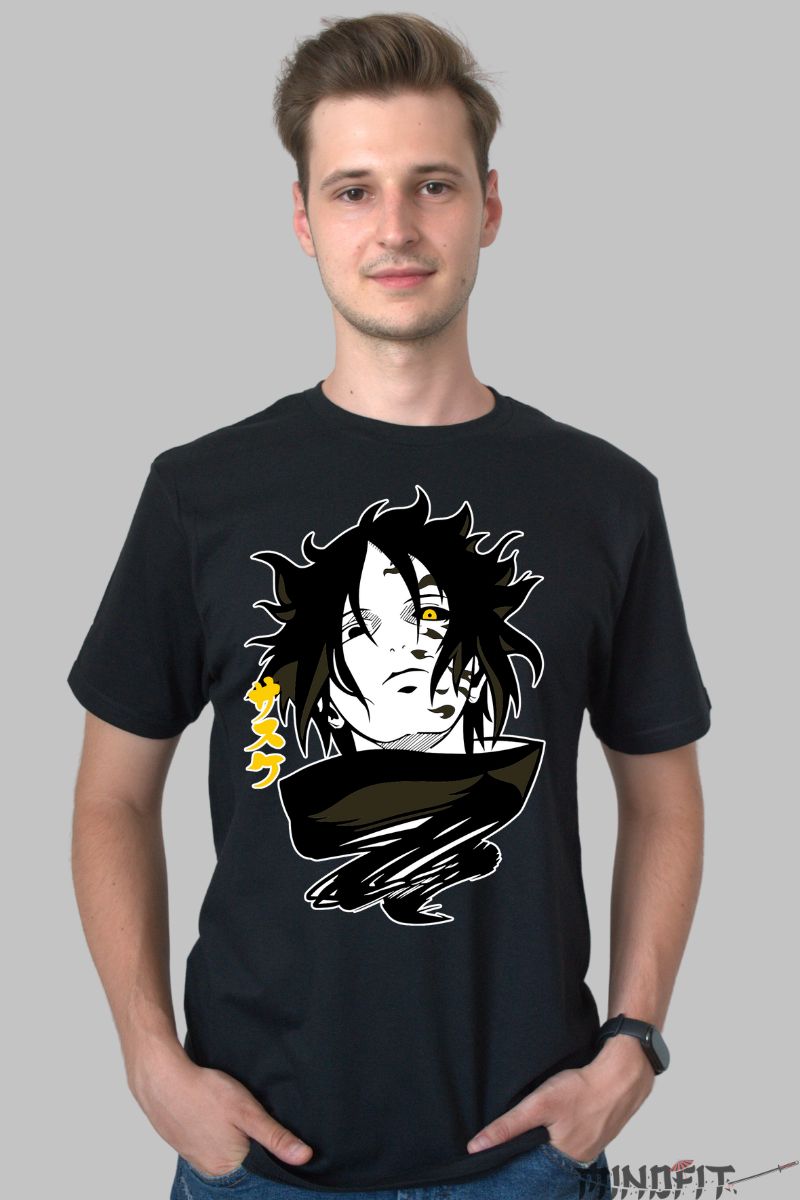 Tricou Anime Naruto Sasuke Cursed barbat negru fata
