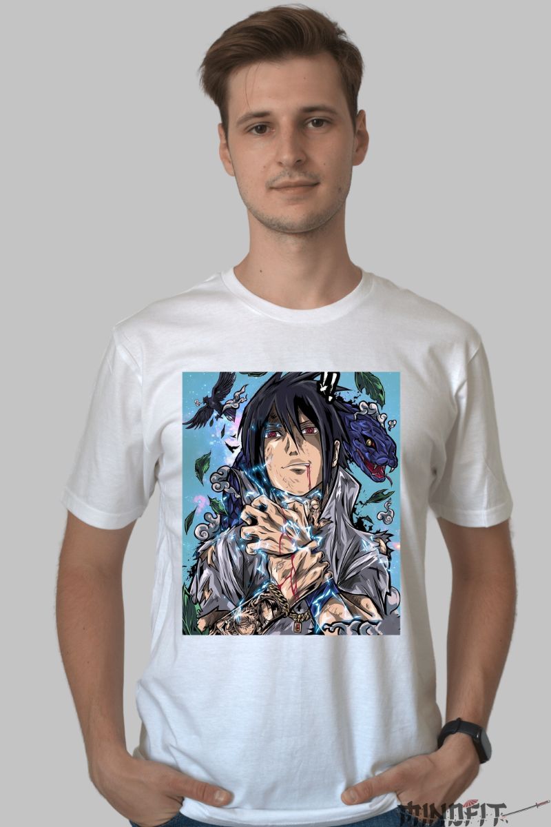 Tricou Anime Naruto Sasuke The Summoning of The Serpent barbat alb fata
