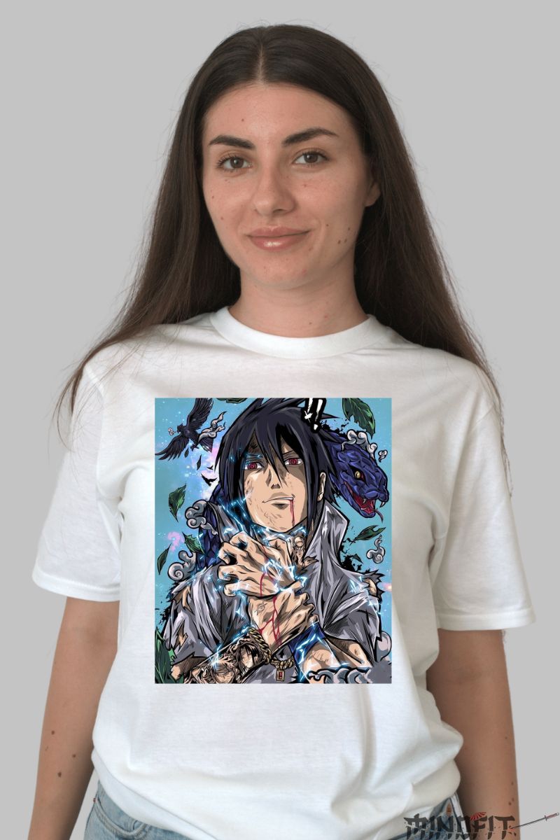 Tricou Anime Naruto Sasuke The Summoning of The Serpent dama alb fata