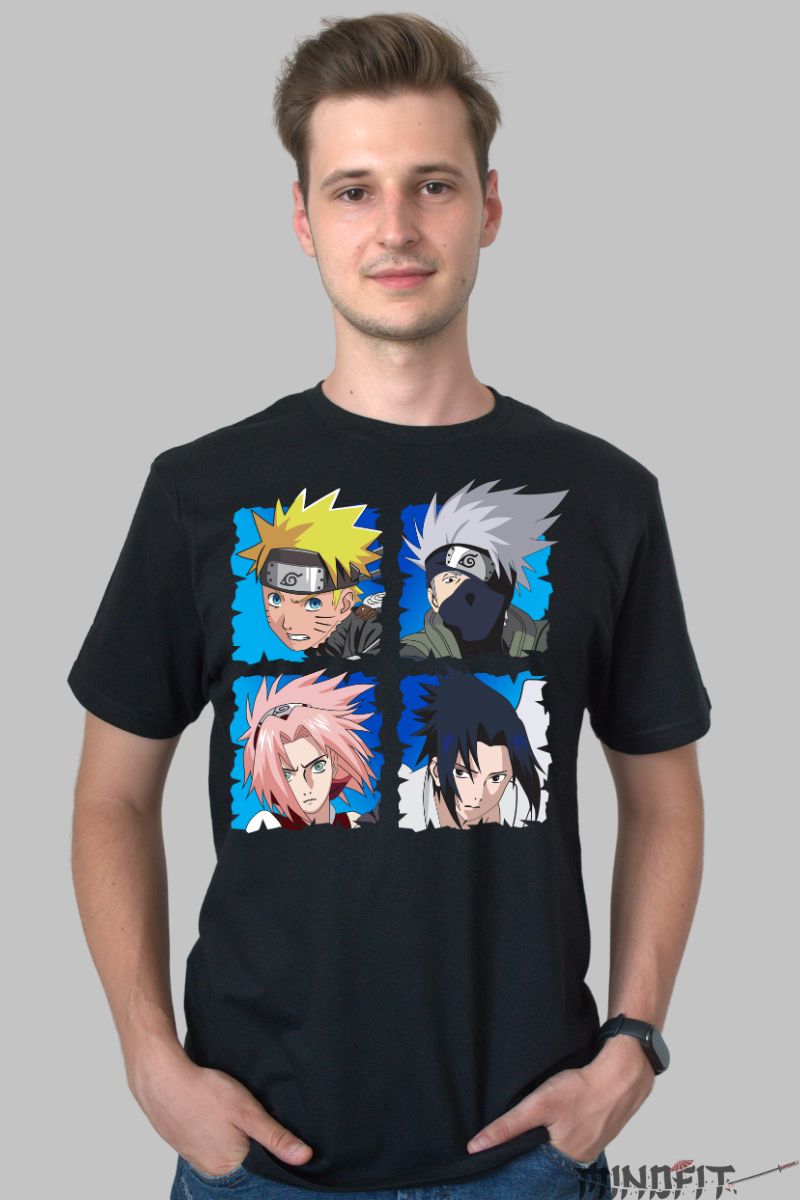 Tricou Anime Naruto Shinobi Squad 7 barbat negru fata