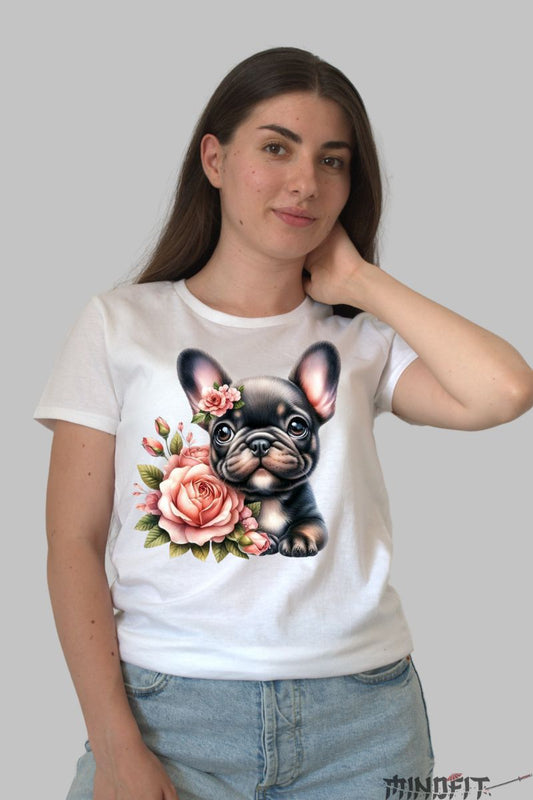 Tricou Caine Bulldog si Flori dama alb fata