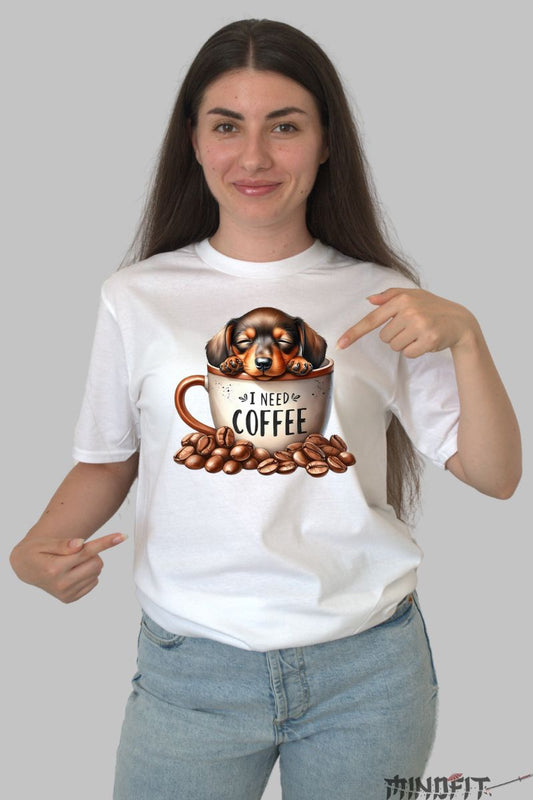 Tricou Caine "I Need Coffe" dama alb fata