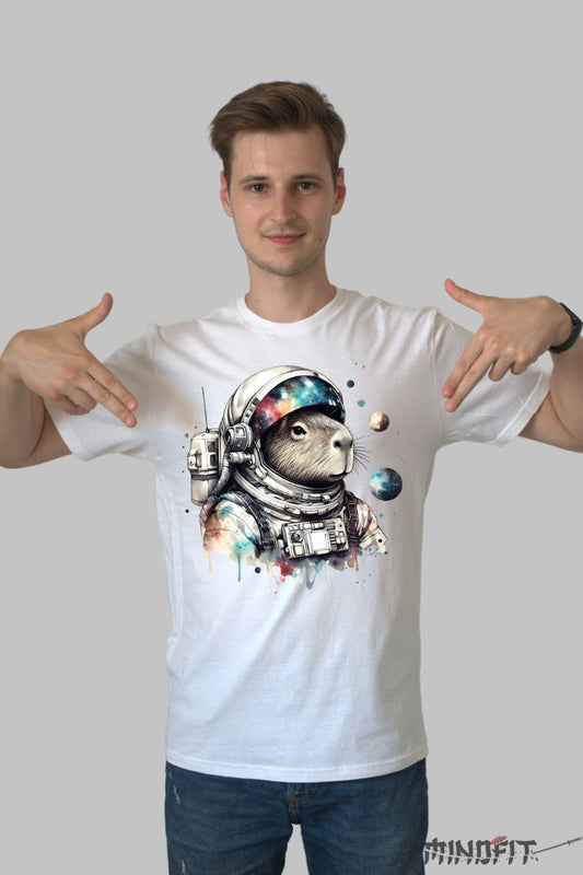 Tricou Capybara Astronaut barbat alb fata
