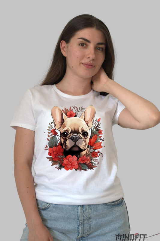 Tricou Catel Bulldog si Flori dama alb fata
