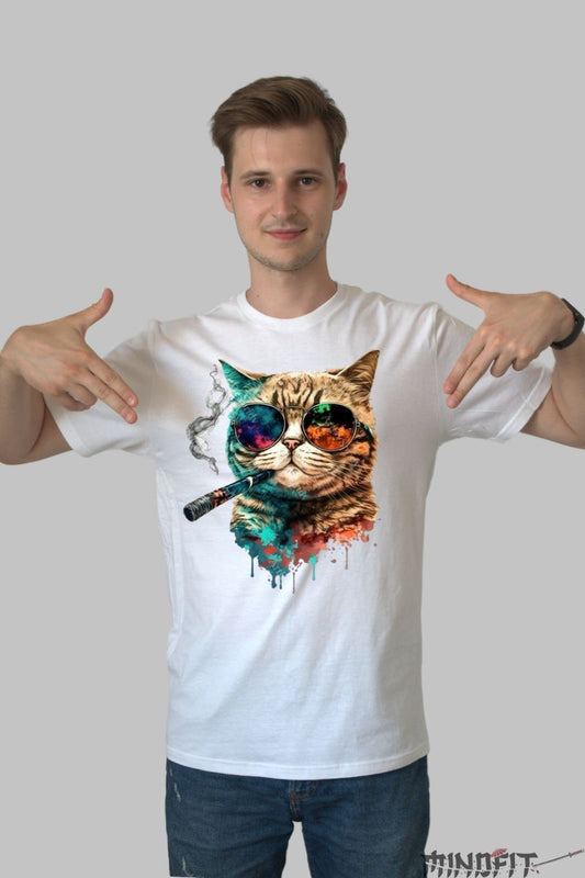 Tricou "Cool Cat" barbat alb fata