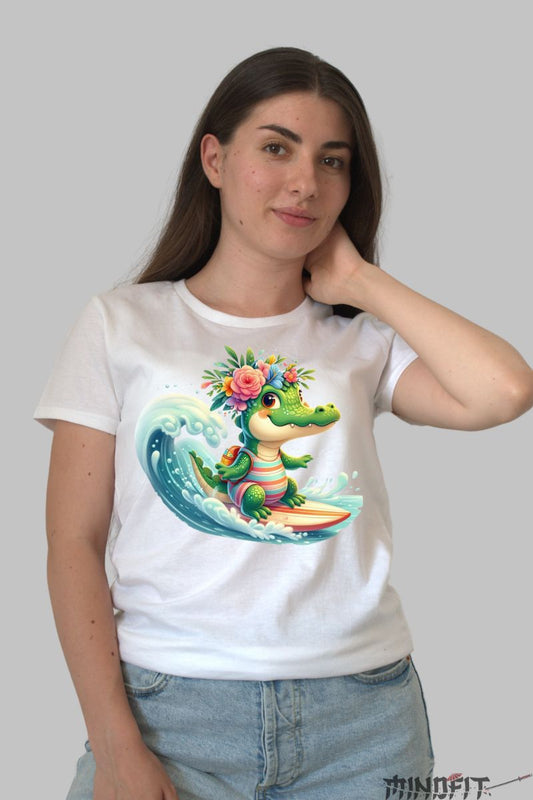 Tricou Crocodil Summer Vibes dama alb fata